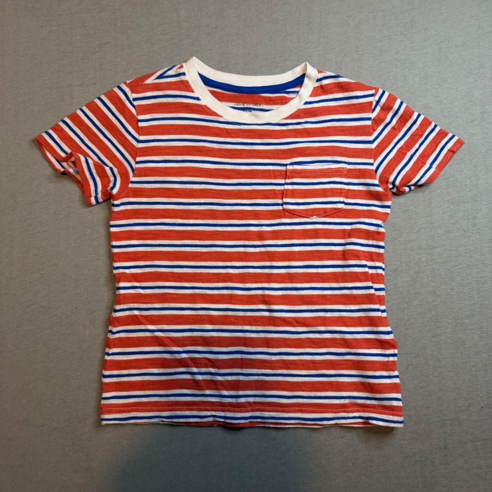 Janie and Jack Boys Red White Blue Striped Pocket T-Shirt Size 6 Cotton Tee‎